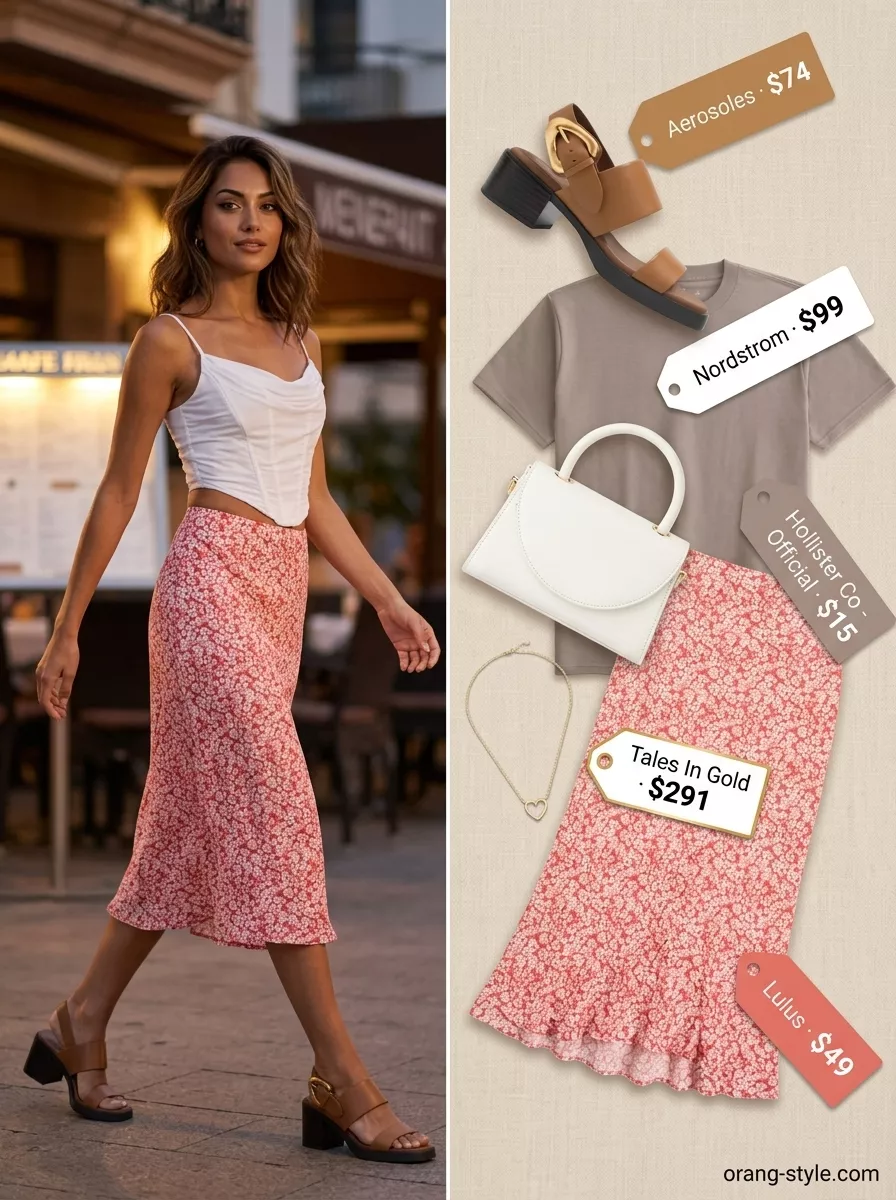 Coral floral midi skirt for playful outdoor summer date night outfits for women 2026. Sweet patio dinner style.