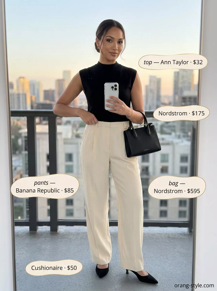 Cream wide-leg trousers and black top for chic outdoor summer date night outfits for women 2026. Polished al fresco dinner style.