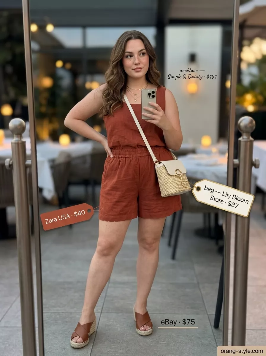 Terracotta linen set for outdoor summer date night outfits for women 2026. Chic lakeside evening look with espadrille wedges.