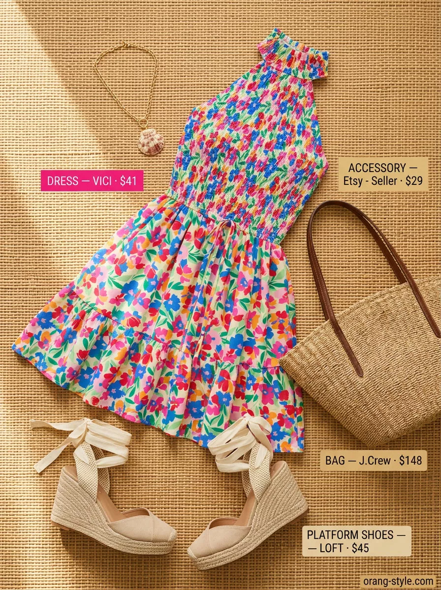 Bohemian Y2K summer outfit for women 2026: floral halter dress, platform espadrilles, straw tote.