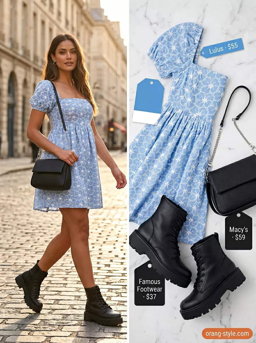Sweet Y2K summer outfit for women 2026: pastel blue babydoll dress, combat platform boots.
