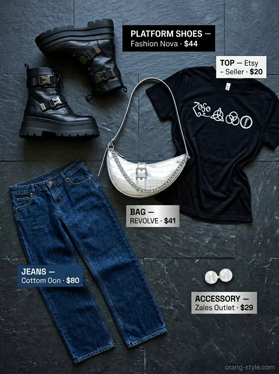 Edgy Y2K summer outfit for women 2026: denim jeans, band tee, combat platform boots.