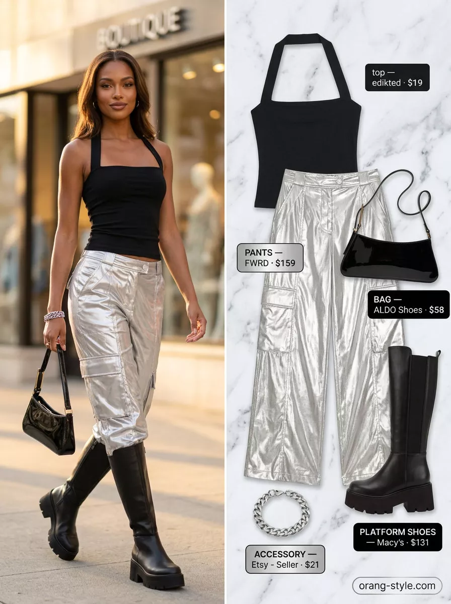 Cyberpunk Y2K summer outfit for women 2026: silver metallic pants, black halter top, extreme platform boots.