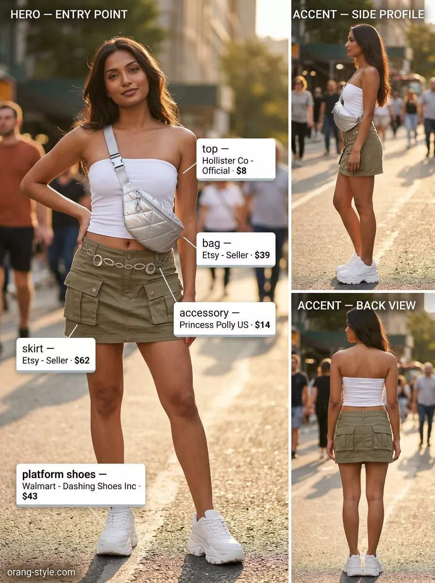 Bohemian Y2K summer outfit for women 2026: khaki cargo skirt, tube top, platform sneakers.