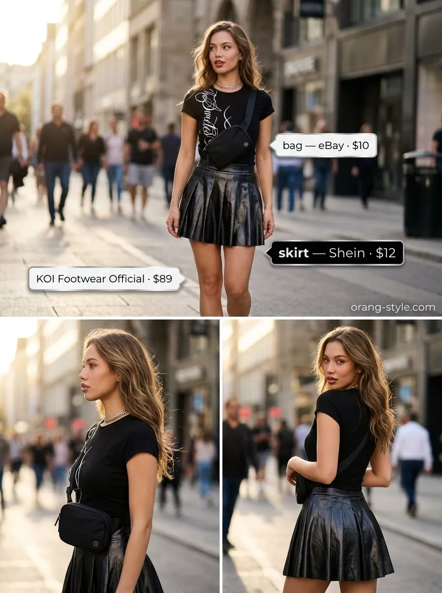 Y2K summer outfit for women 2026: silver metallic mini skirt, graphic baby tee, chunky platform sneakers.