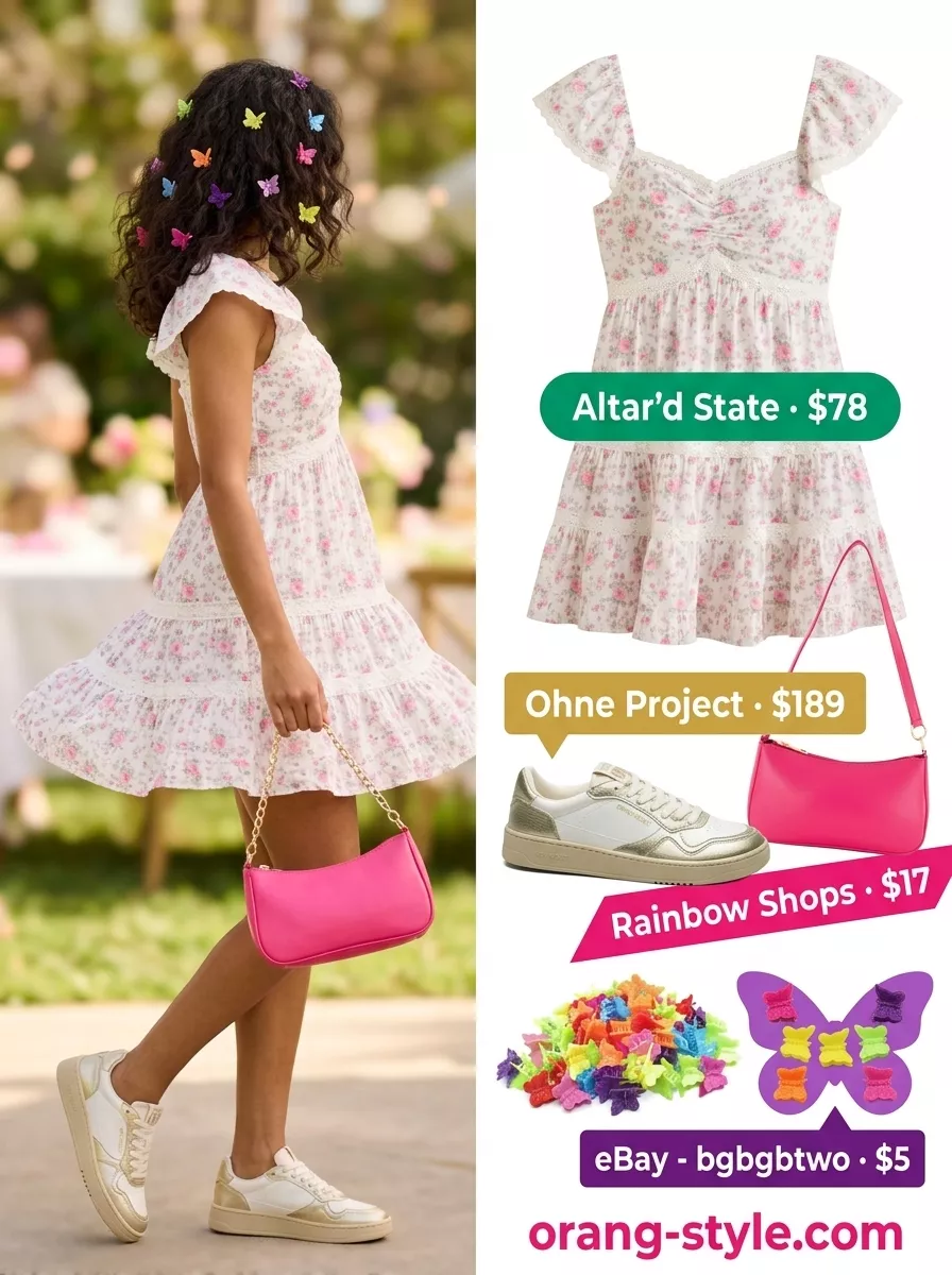 Platform Y2K summer outfits for women 2026: Babydoll dress, butterfly clips, and crossbody bag for a retro summer look.
