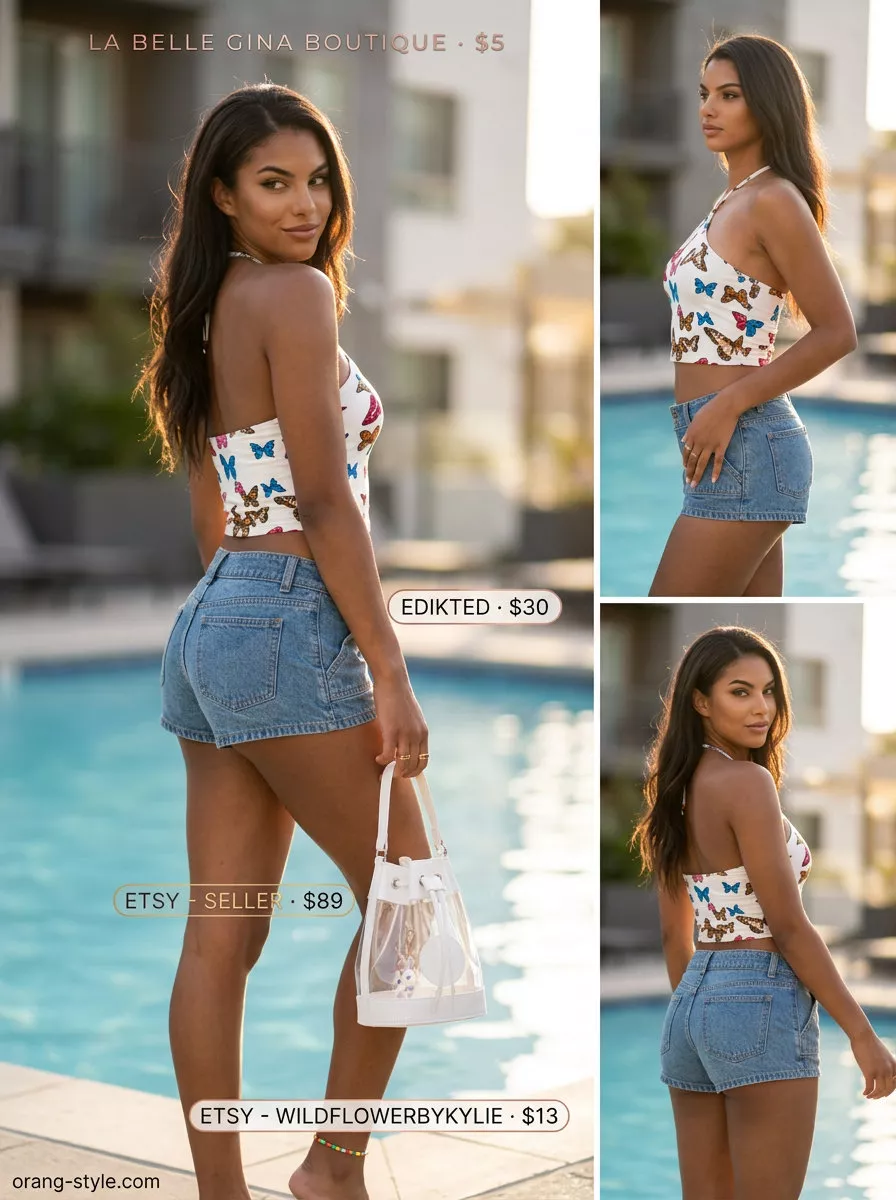 Platform Y2K summer outfits for women 2026: Butterfly halter top, denim shorts, and platform slides for a pool party.