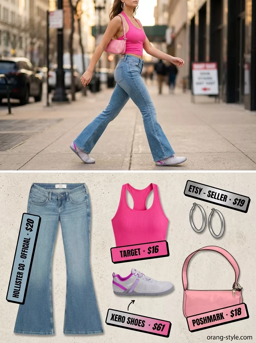 Platform Y2K summer outfits for women 2026: Flared jeans, halter top, and mini bag for a pop star concert look.