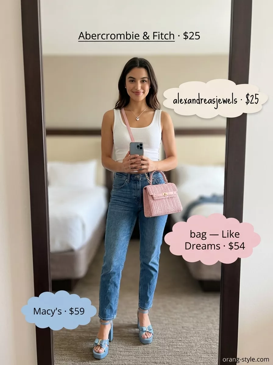 Platform Y2K summer outfits for women 2026: Floral midi skirt, ribbed tank, and platform sandals for a sweet, casual look.