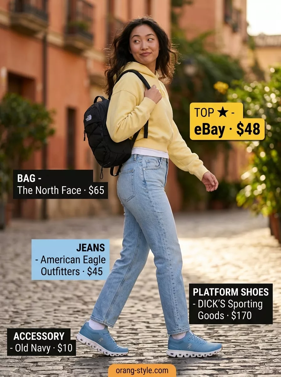 Platform Y2K summer outfits for women 2026: Cropped sweatshirt, light wash jeans, and backpack for a retro sporty vibe.