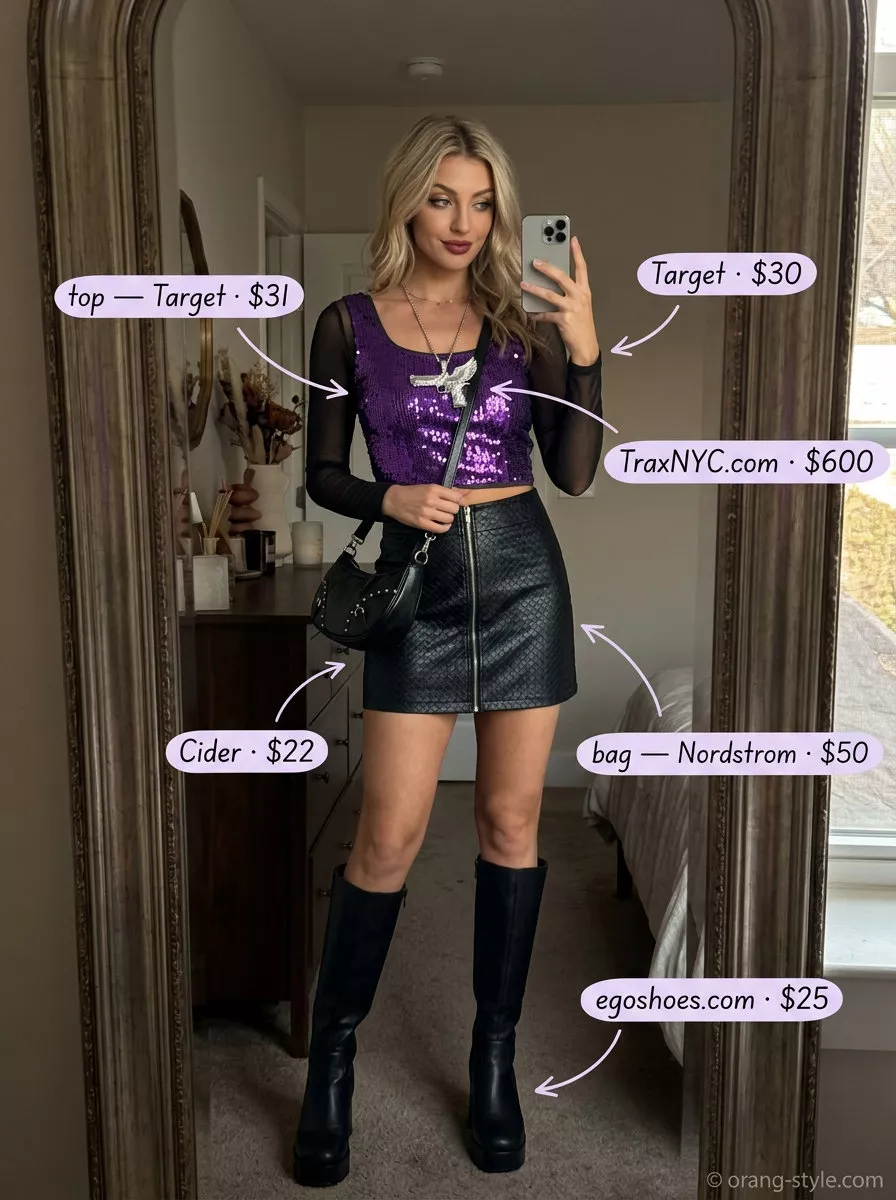 Platform Y2K summer outfits for women 2026: Sequin top, mesh top, faux leather skirt & platform boots for a glam rock night out.