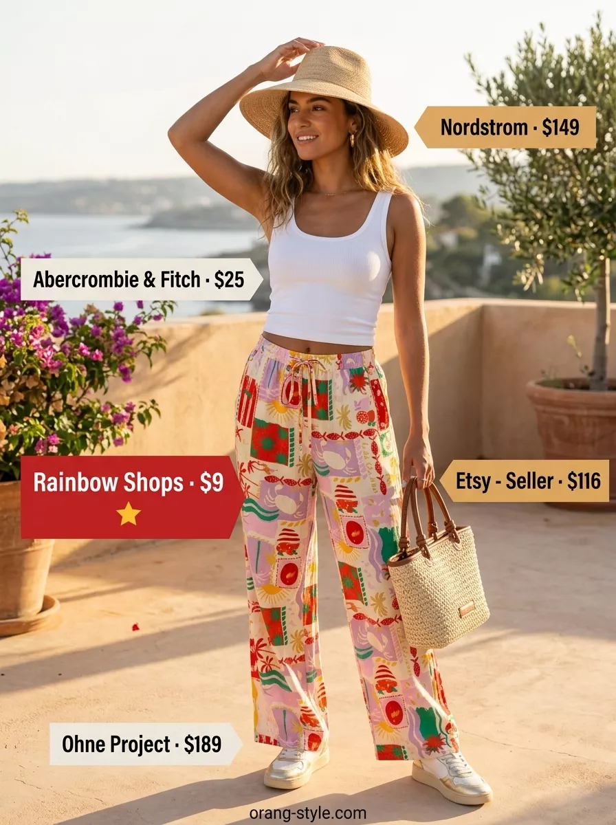 Platform Y2K summer outfits for women 2026: Tropical palazzo pants, ribbed tank, straw hat, and tote for vacation.