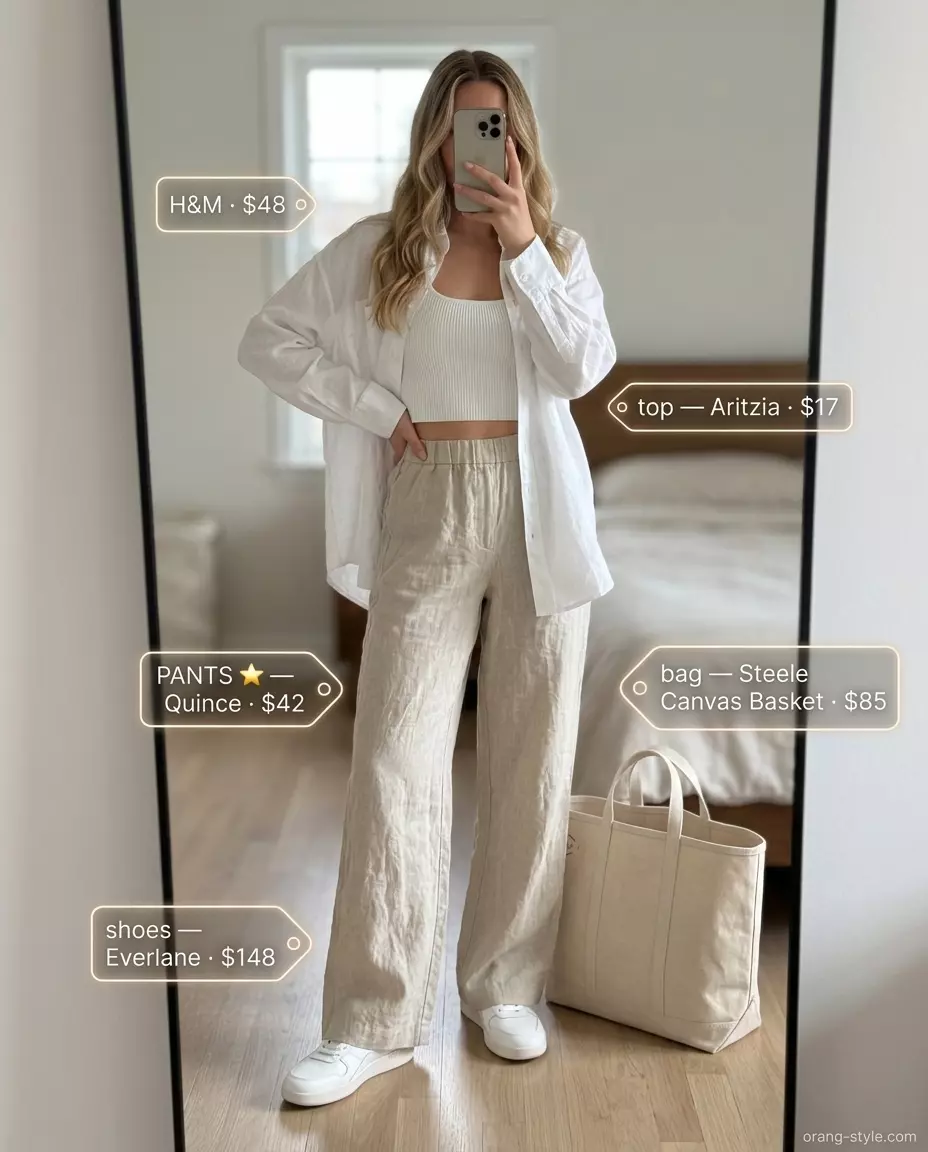 Elevated athleisure outfit with oatmeal pleated summer linen pants for women 2026, oversized shirt, and sneakers.