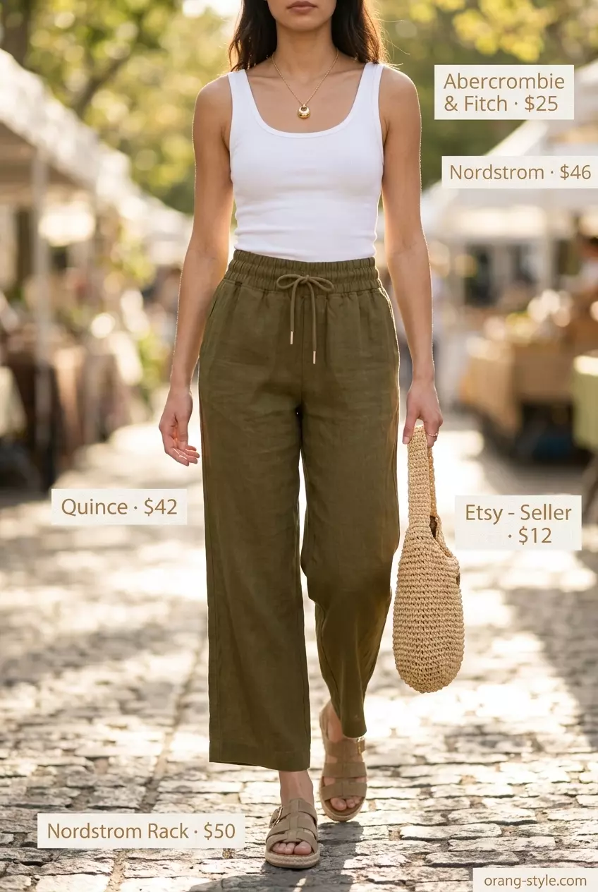 Casual olive green pleated linen pants for women 2026, styled with a white knit top for daytime shopping.
