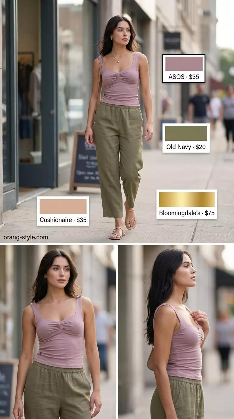 Chic outfit with blush pink top, versatile linen pants, and nude sandals, perfect for summer.