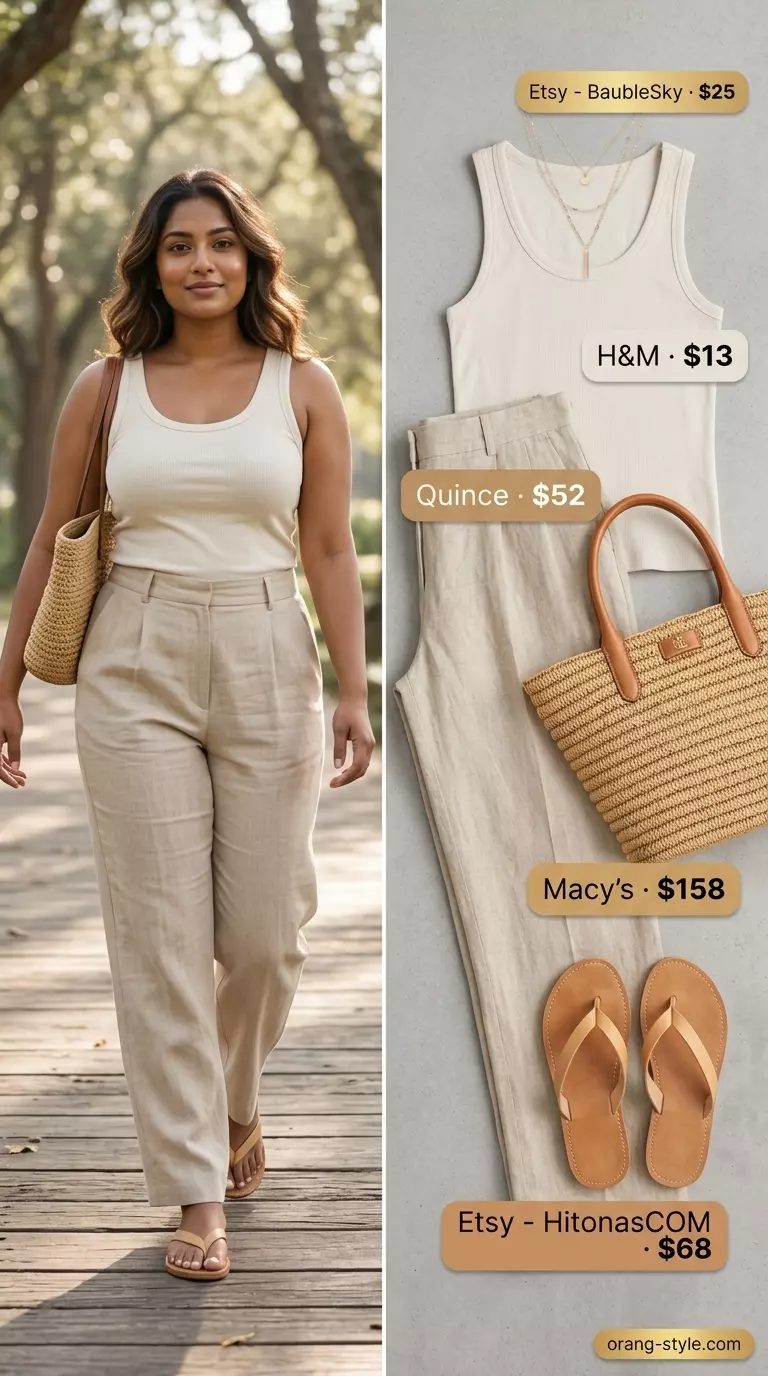 Coastal Breeze outfit with sandstone beige pleated summer linen pants for women 2026, cream tank, and straw tote.