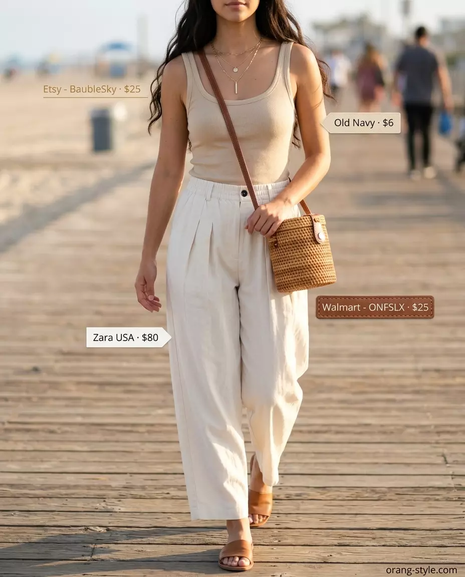 Coastal Breeze outfit with beige pleated summer linen pants for women 2026, cream tank, and tan sandals.