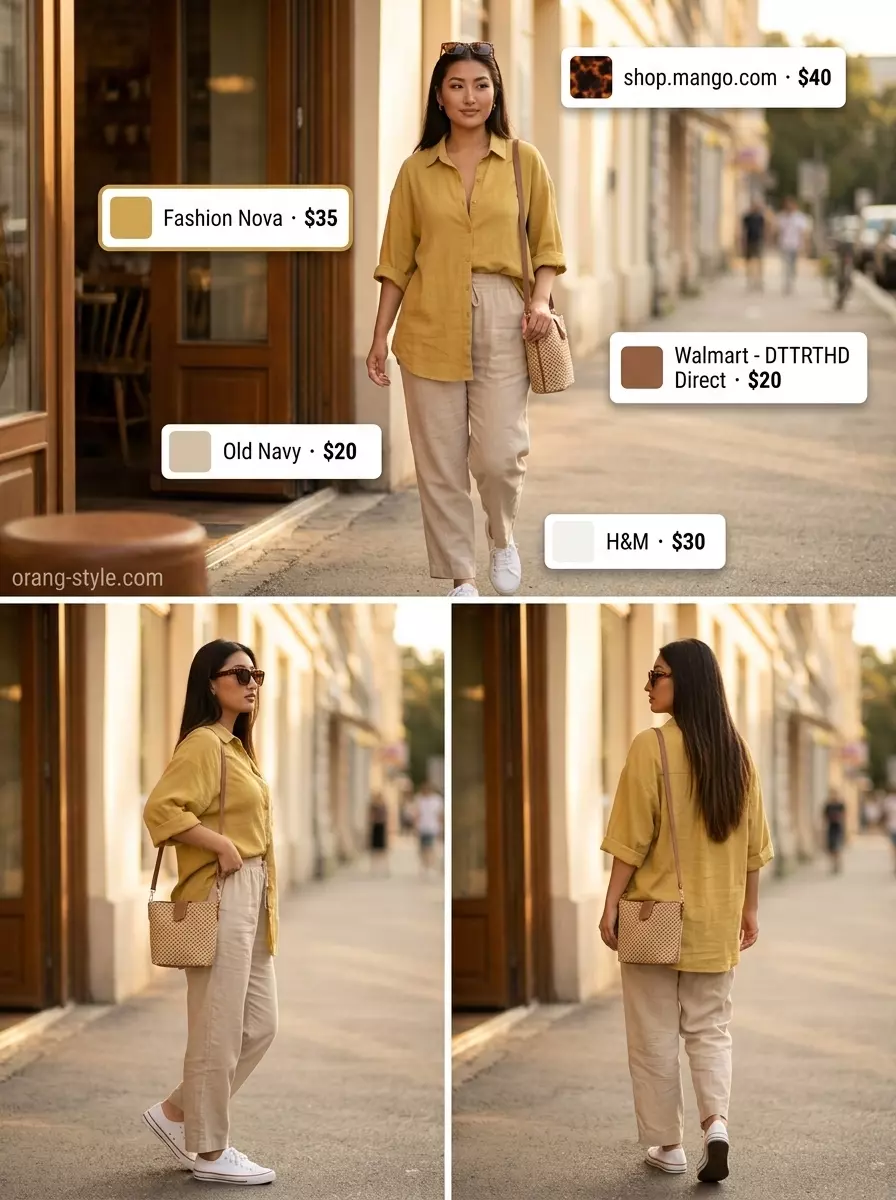 Coordinated mustard yellow linen shorts set for women 2026 with white sneakers and cat-eye sunglasses.