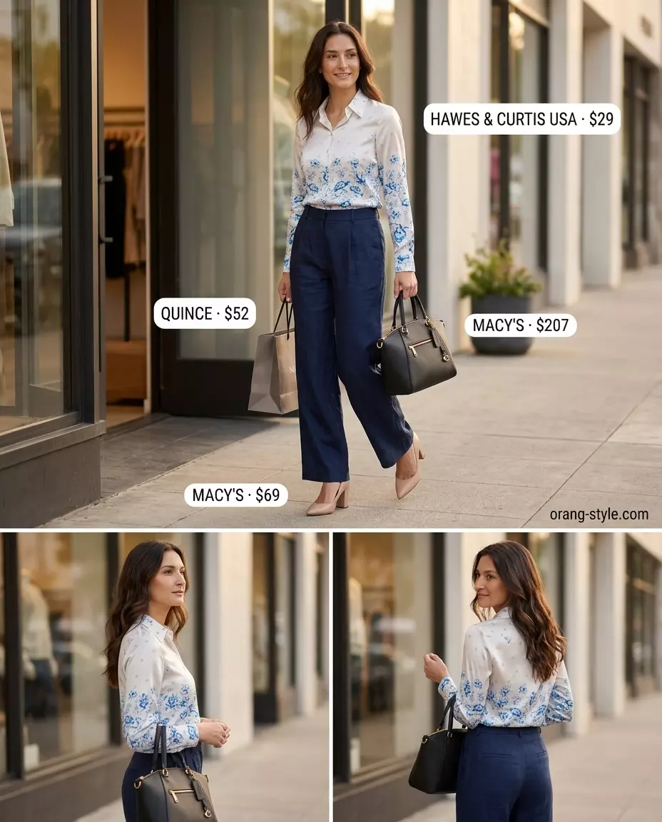 Elevated navy pleated summer linen pants for women 2026, silk scarf, and block heels for business casual.