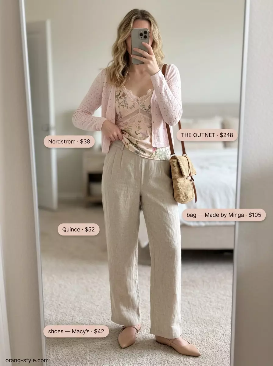 Garden party outfit with cream pleated summer linen pants for women 2026, floral camisole, and blush cardigan.