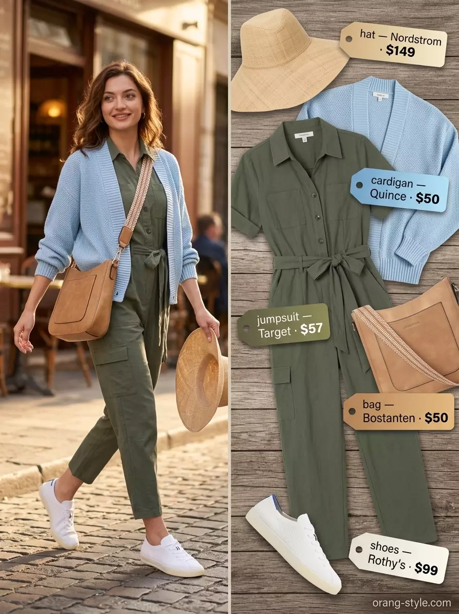 Khaki utility jumpsuit outfit with straw hat and white sneakers, for a stylish weekend look.