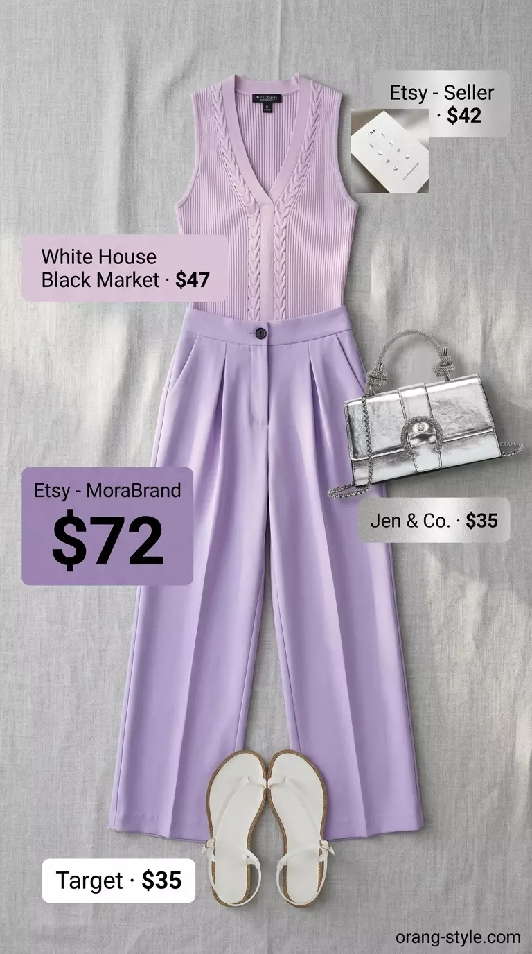 Monochromatic lilac pleated summer linen pants for women 2026, with a fitted knit top and silver clutch.