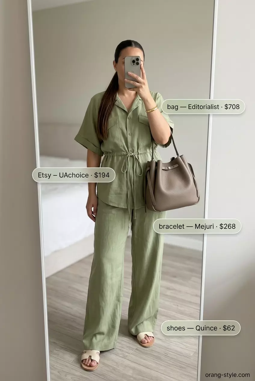Monochromatic olive green pleated summer linen pants for women 2026 matching set, with nude slides.