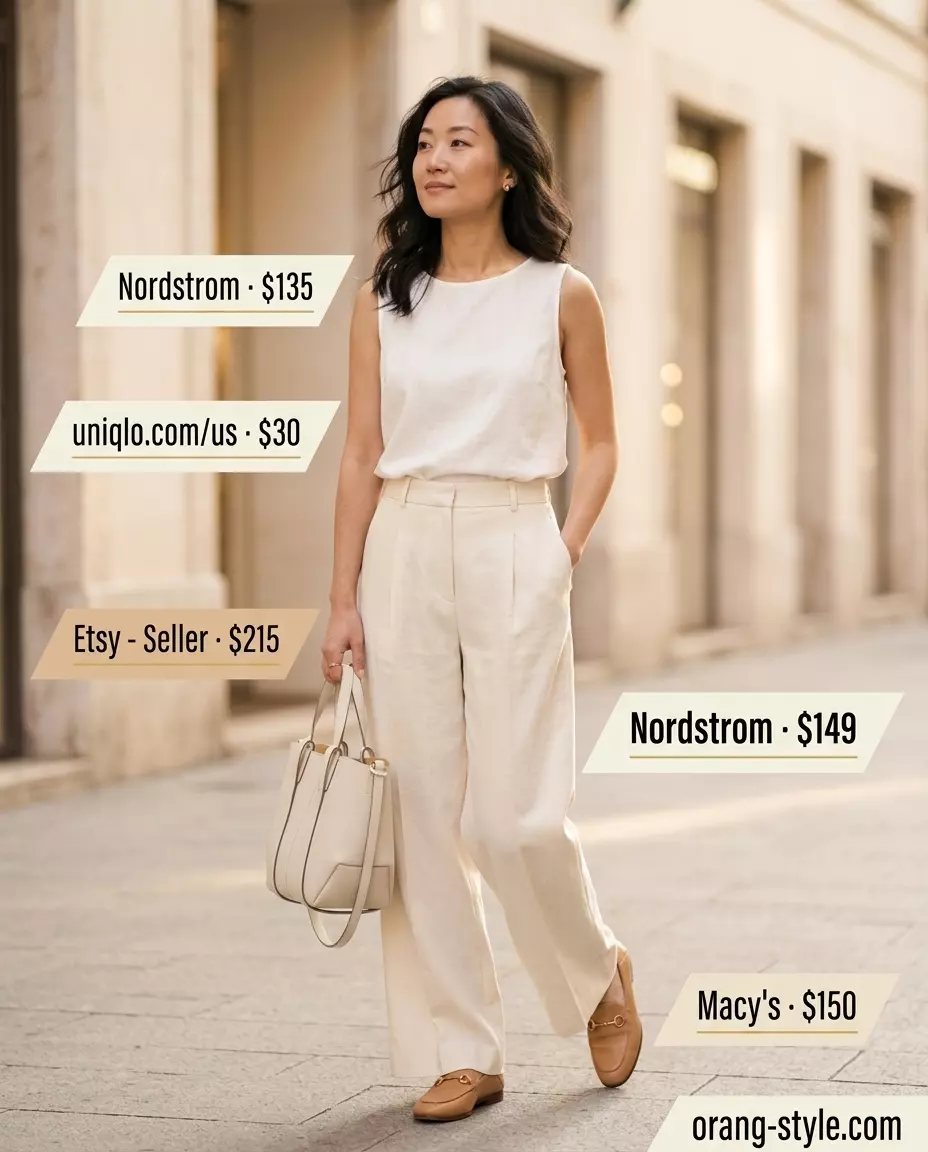 Monochrome cream pleated summer linen pants for women 2026, ivory shell top, and beige loafers.
