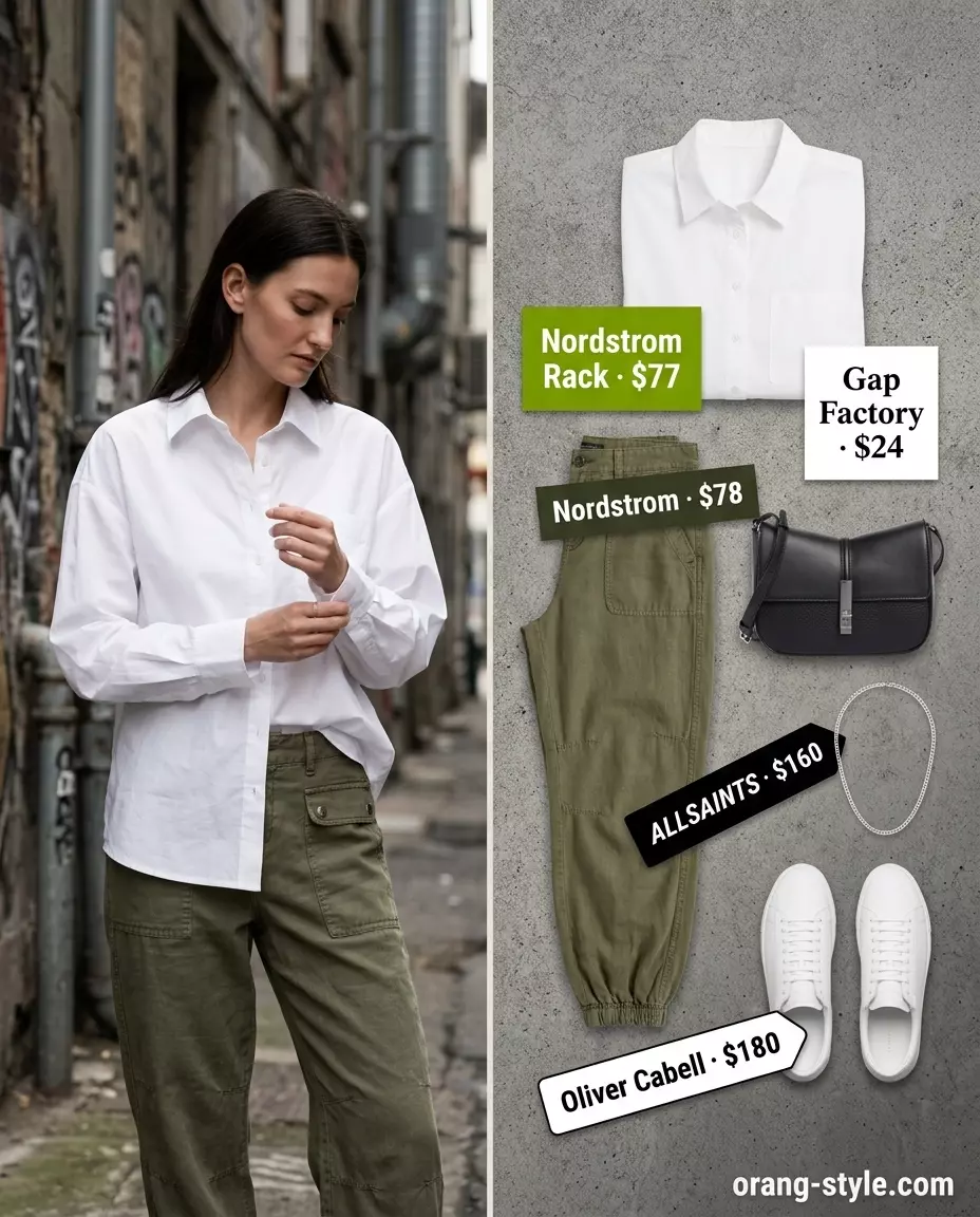 Urban olive green linen cargo pants for women 2026, styled for casual outings with an oversized shirt.