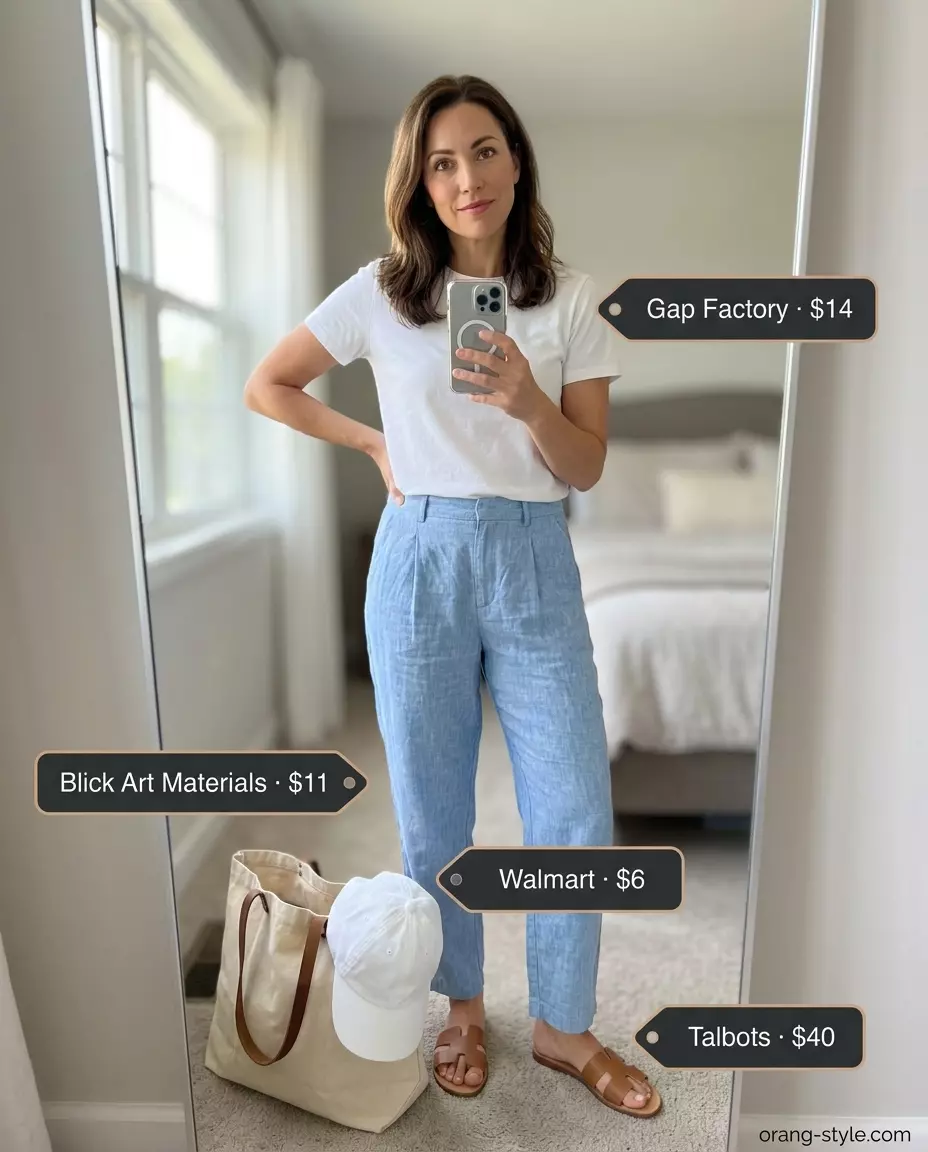 Casual weekend outfit with light blue linen pants, white t-shirt, and leather slides.