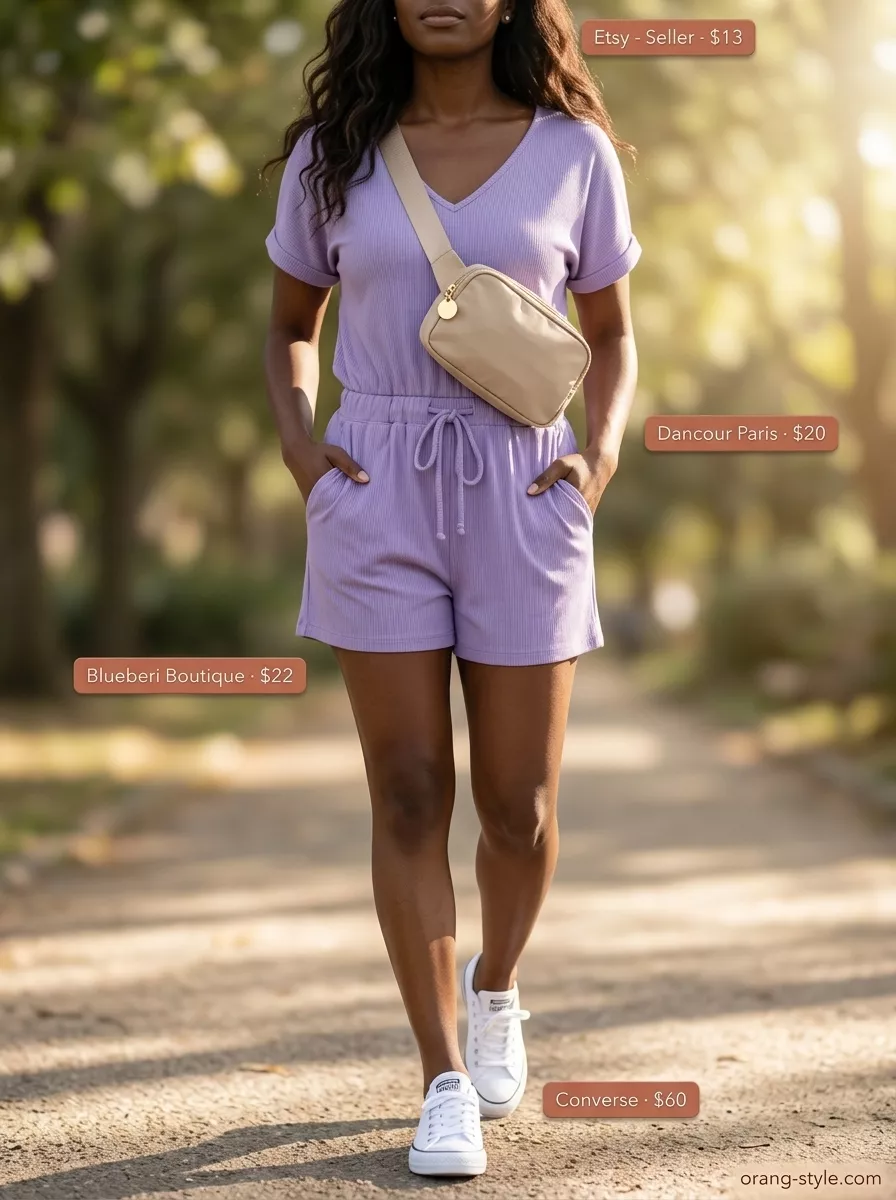 Stylish Summer Outfits for Black Woman 2026: Lounge Romper Stylish summer outfits for black woman 2026: Lavender romper, white sneakers, and belt bag for a lounge day.
