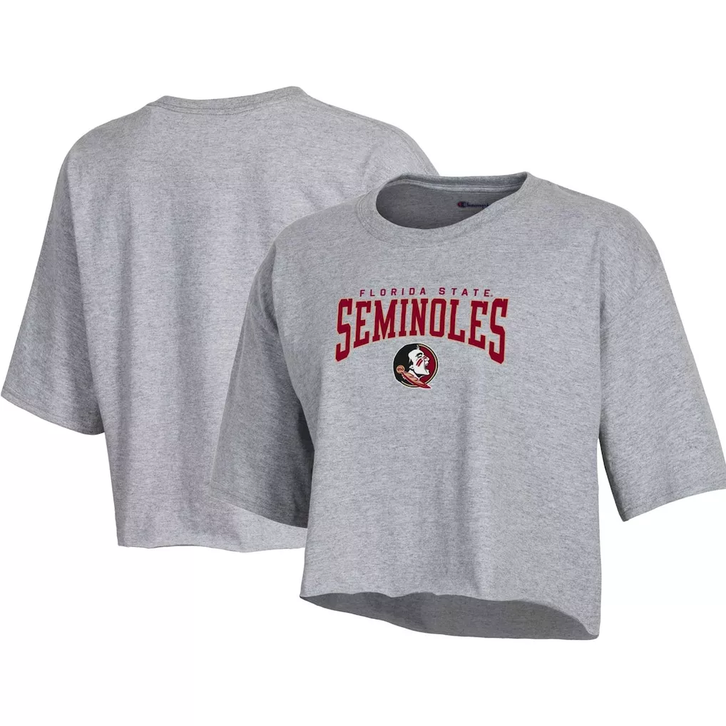 t-shirt Women's Champion Heather Gray Florida State Seminoles Boyfriend Cropped T-Shirt shop.seminoles.com $15.99