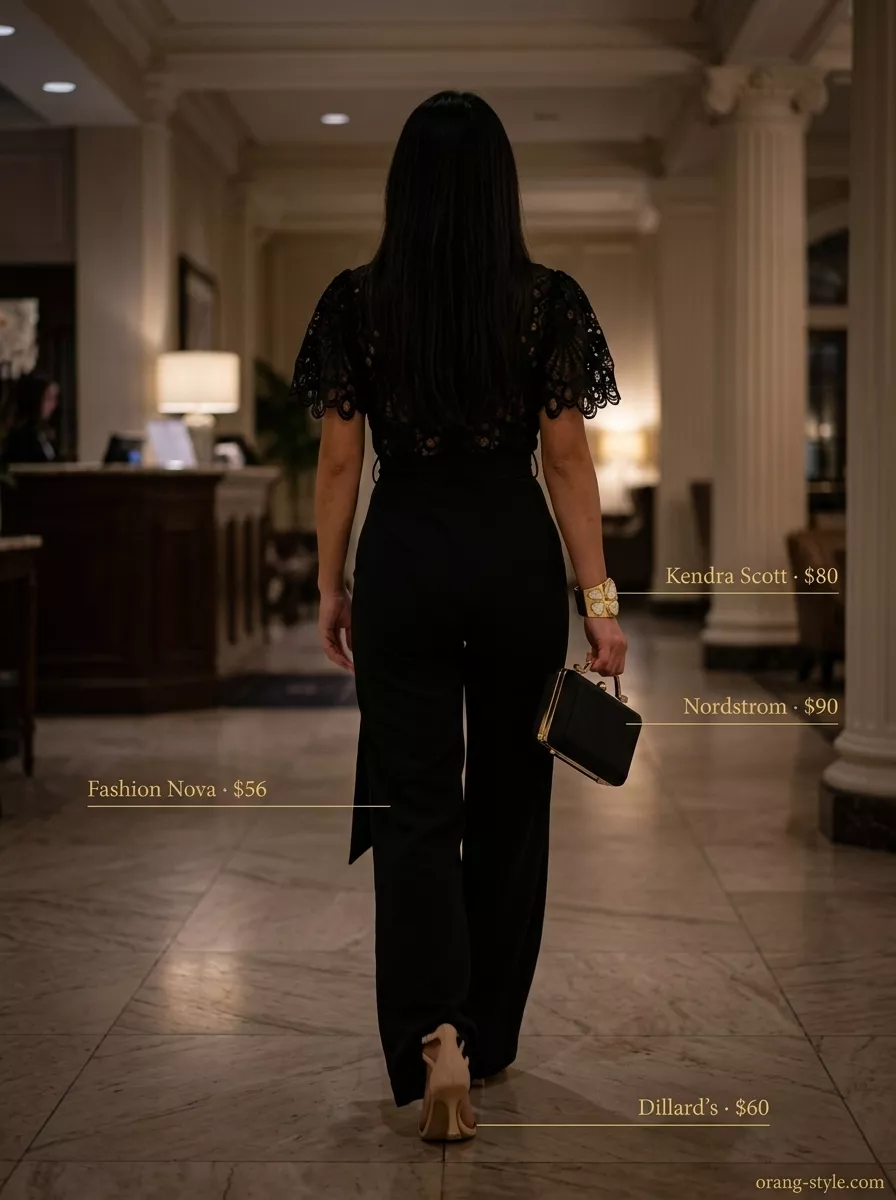 Elegant black retro summer wide leg jumpsuit outfit for women 2026, perfect for evening events and cocktail parties.