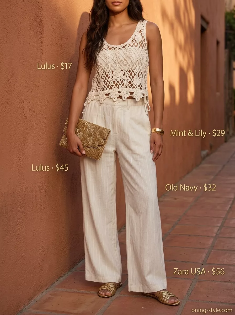 Bohemian terracotta retro summer wide leg pants outfit for women 2026, ideal for evening dinners and cocktail hours.