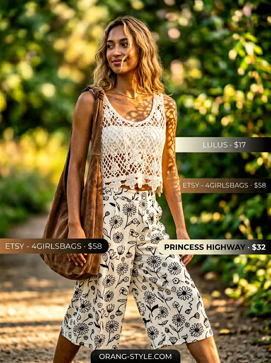 Retro summer wide leg pants outfits for women 2026: Pastel floral wide leg culottes with a crochet tank top, suede bag, and gladiator sandals for a boho look.
