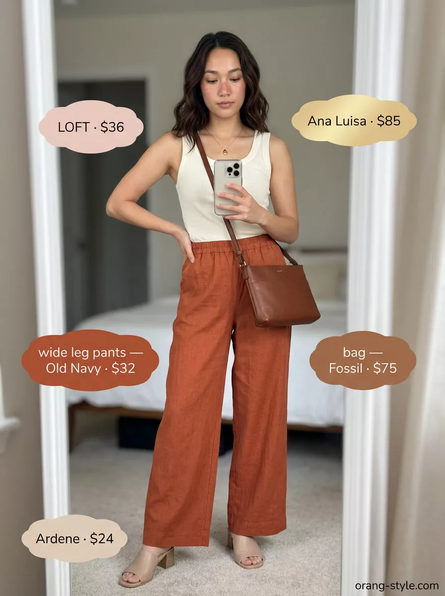 Terracotta wide-leg linen pants with ivory cowl neck cami for elegant retro summer wide leg pants outfits for women 2026.