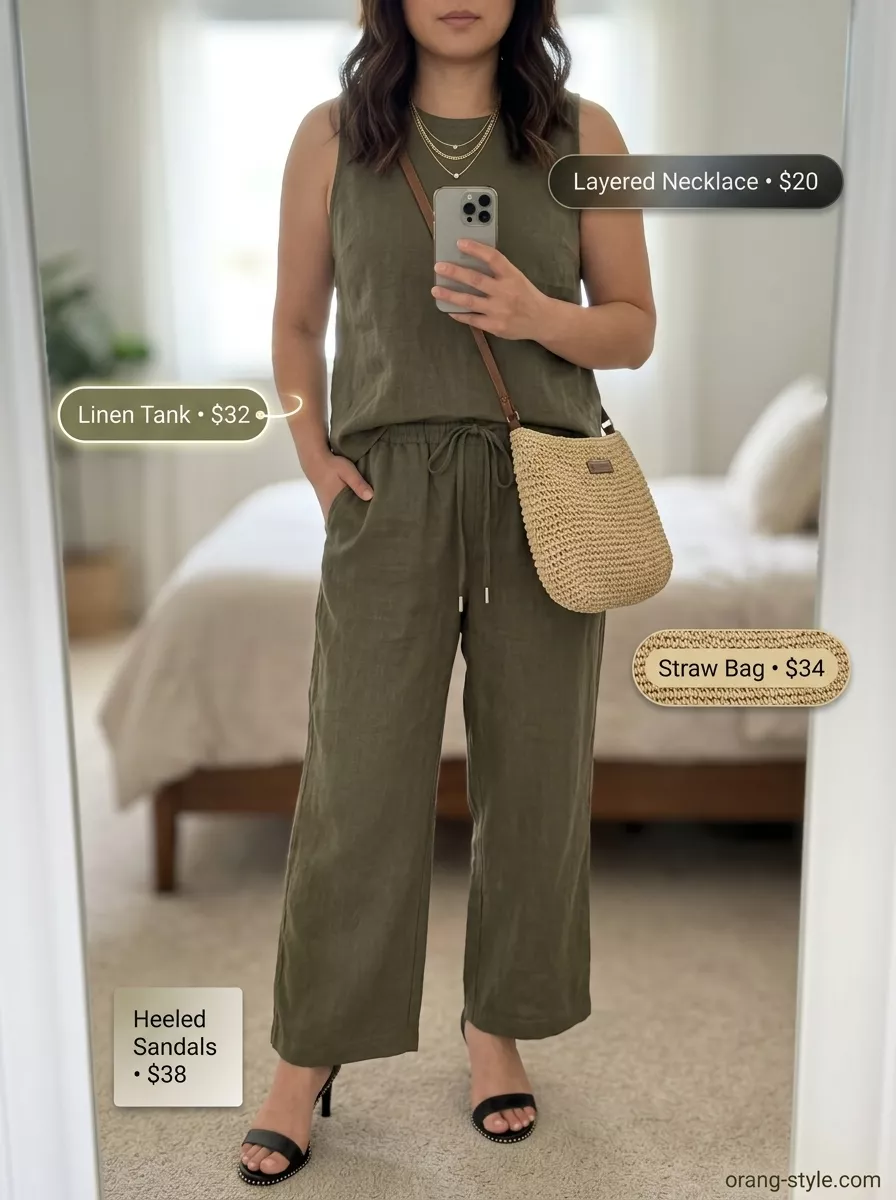 Muted olive green linen wide-leg pants with matching top for effortless retro summer wide leg pants outfits for women 2026.