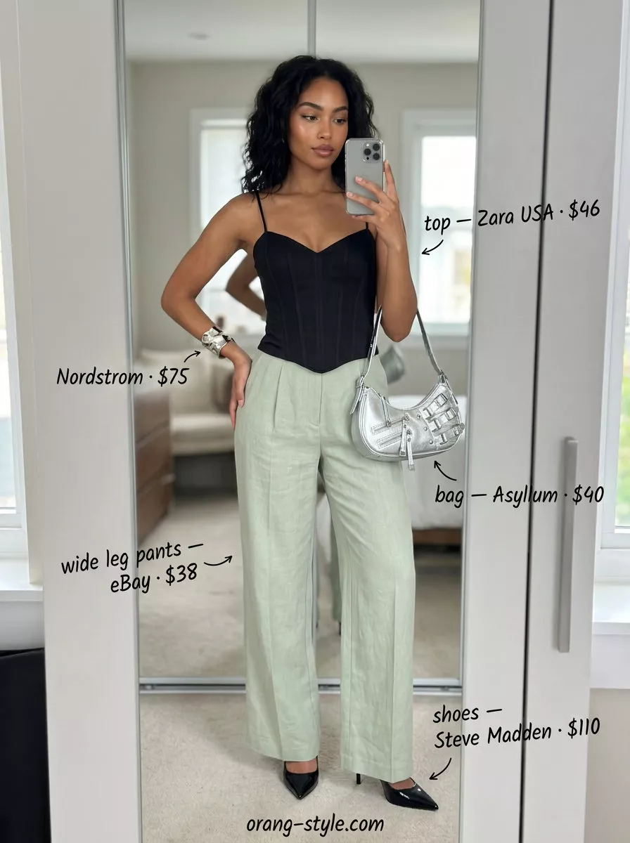 Mint green wide-leg pants with black corset top for modern retro summer wide leg pants outfits for women 2026.
