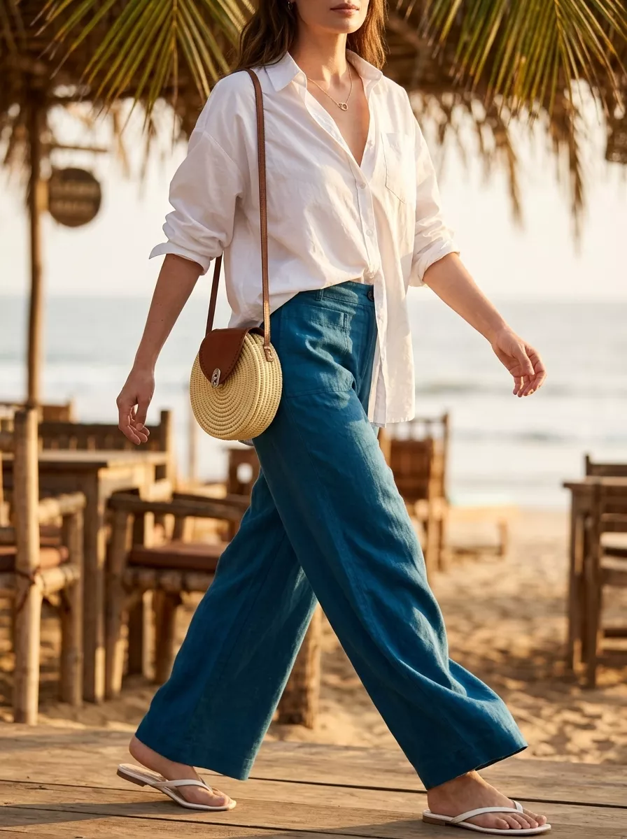 Retro summer wide leg pants outfits for women 2026: Ocean blue linen wide leg pants with a white button-down shirt, leather slides, and straw bag for a relaxed look.