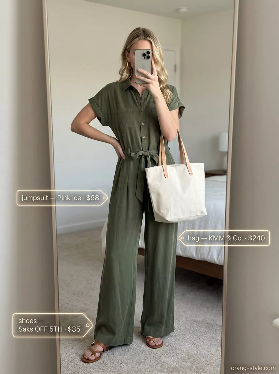 Olive green utility jumpsuit styled with tan sandals for retro summer wide leg pants outfits for women 2026.
