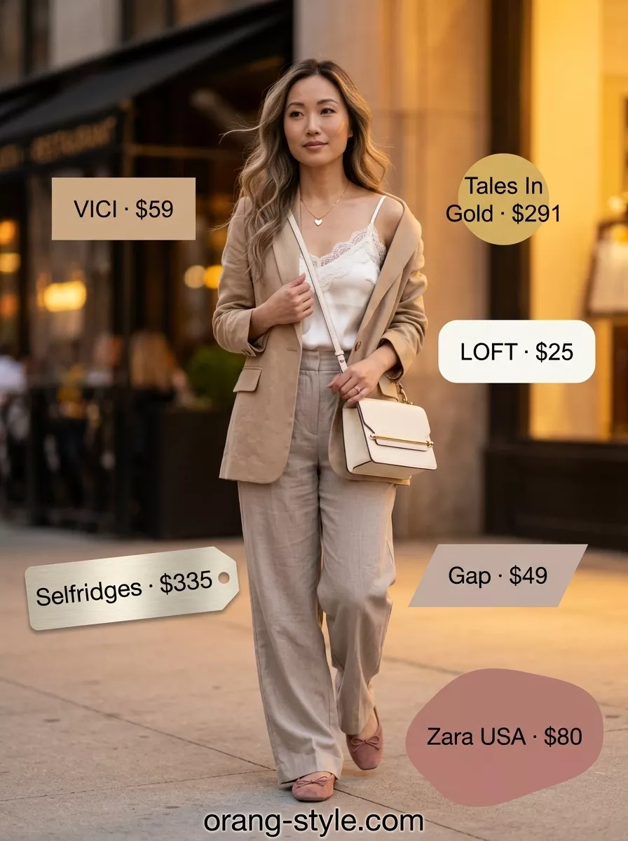 Soft lavender wide-leg pants with a taupe linen blazer for elegant retro summer wide leg pants outfits for women 2026.