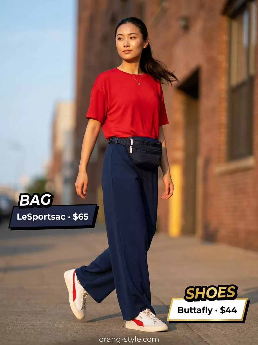 Navy and red striped wide-leg track pants with matching cropped top for retro summer wide leg pants outfits for women 2026.