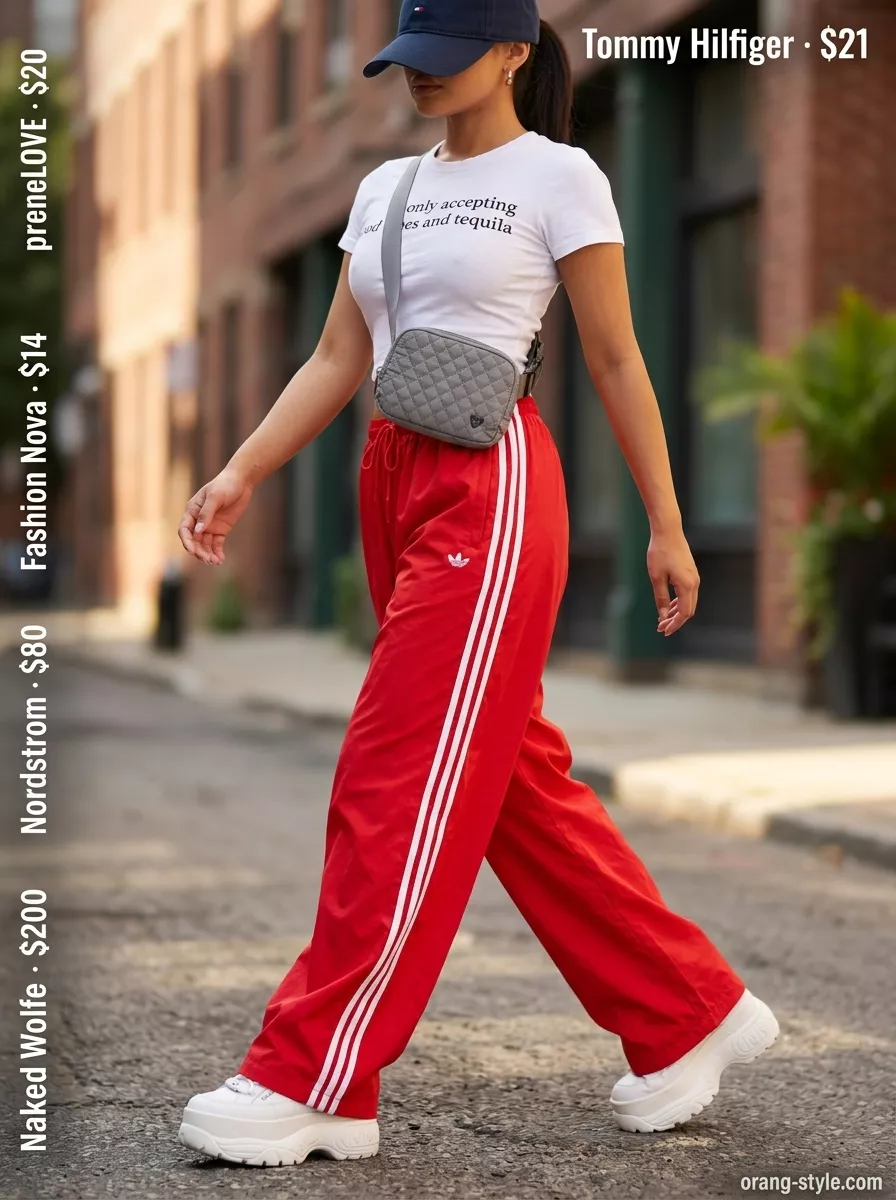 Red, white, navy color-block track pants with cream linen shirt for sporty retro summer wide leg pants outfits for women 2026.