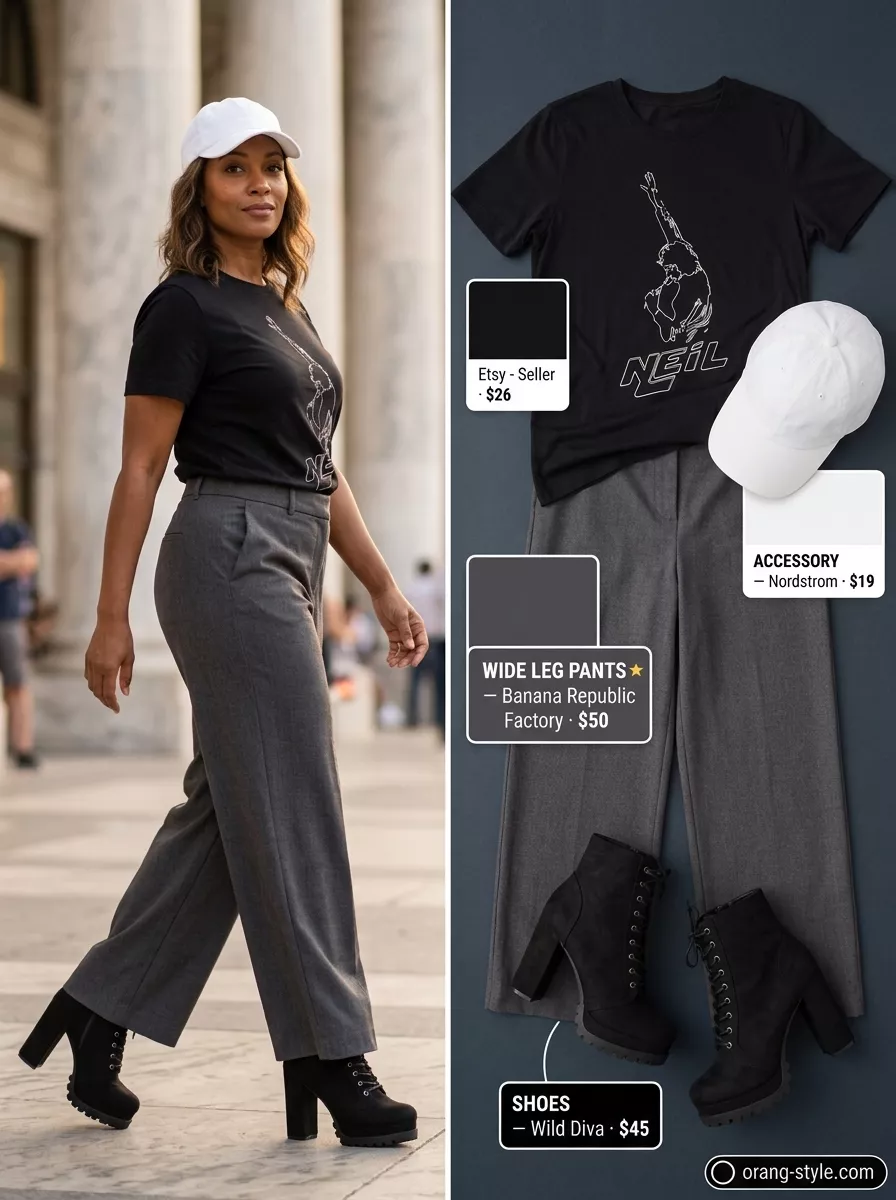 Charcoal grey wide-leg trousers with white cropped tee for edgy retro summer wide leg pants outfits for women 2026.
