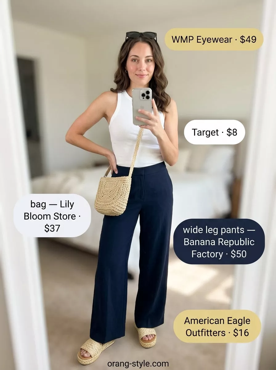 Retro summer wide leg pants outfits for women 2026: Yellow polka dot wide leg pants with a fitted knit top, espadrilles, and straw bag for vacation.