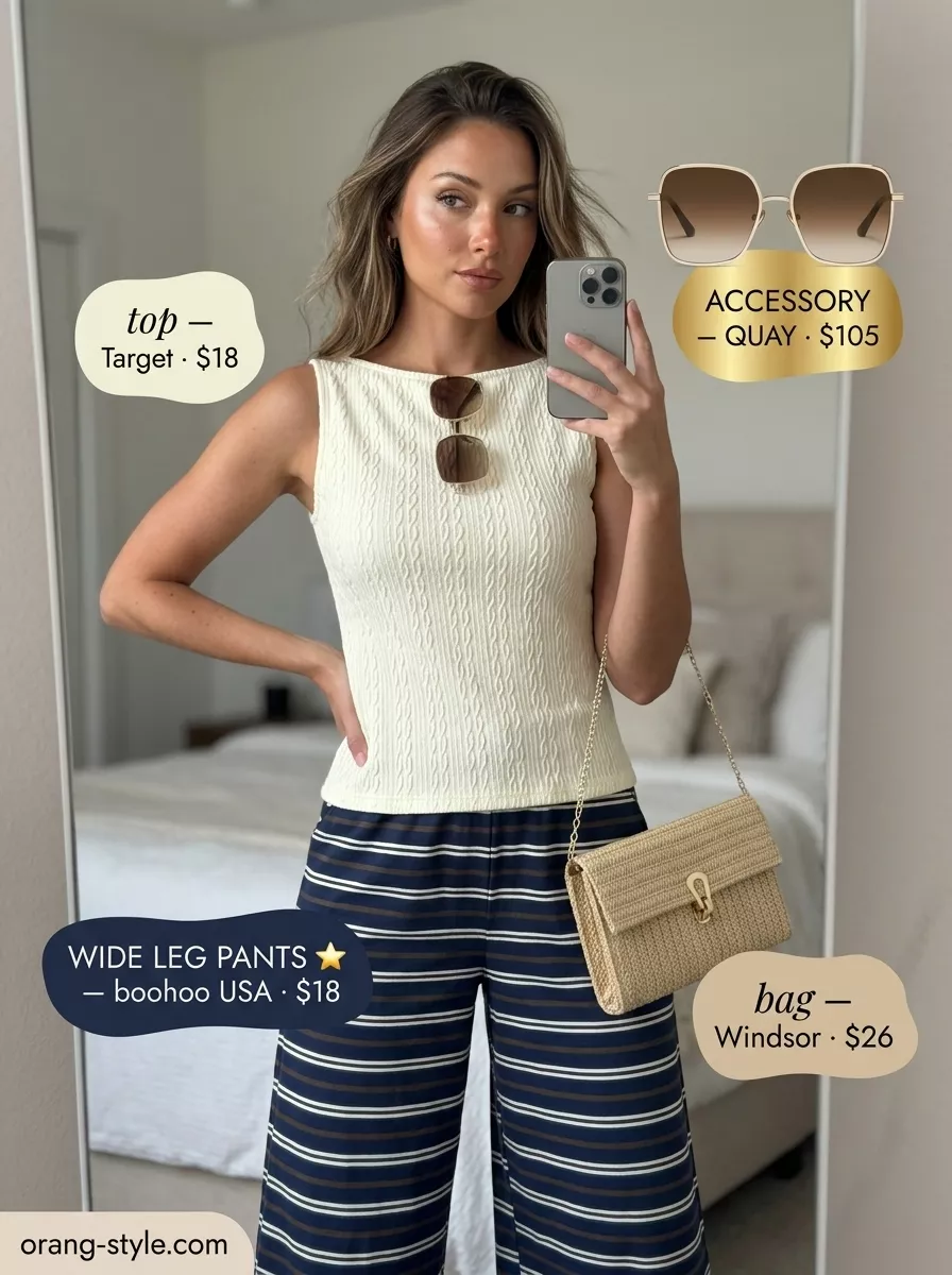Navy and white striped wide-leg pants with a cream knit top for glamorous retro summer wide leg pants outfits for women 2026.