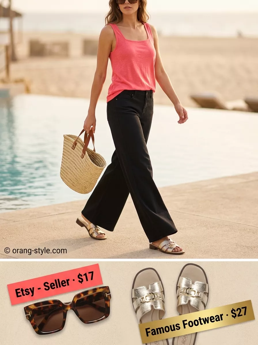 Playful coral retro summer wide leg pants set outfit for women 2026, perfect for poolside and beach club vibes.