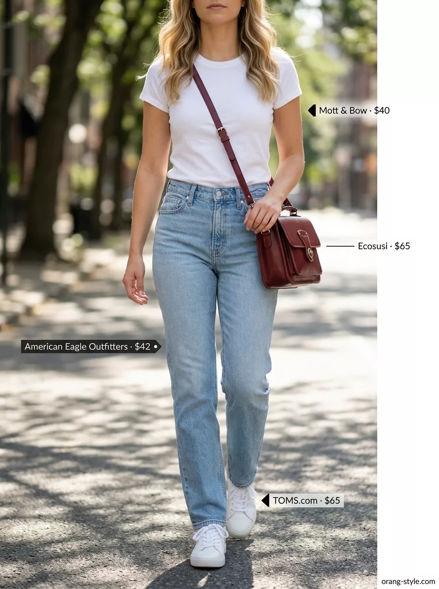 Light blue jeans, white tee, and red crossbody bag for simple casual summer outfits for women 2026.
