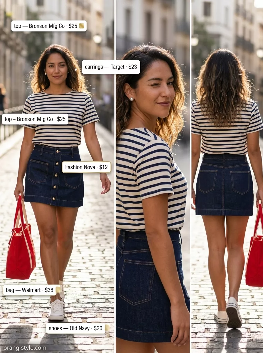 Denim mini skirt, navy stripe tee, and white sneakers for simple casual summer outfits for women 2026.