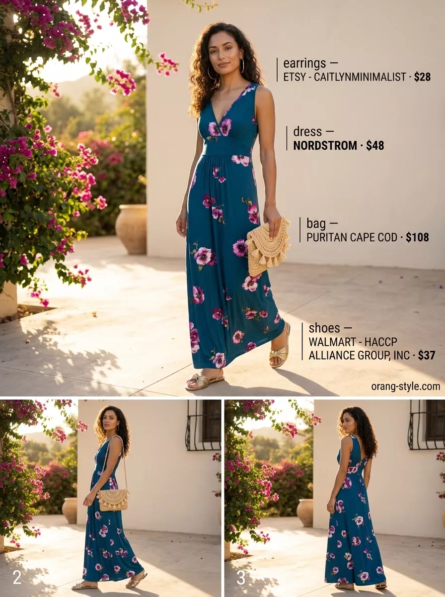 Teal floral maxi dress, gold sandals, and straw clutch for simple casual summer outfits for women 2026.